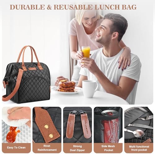 LOKASS Lunch Bag Insulated Lunch Box Wide-Open Lunch Tote Bag with Removable Shoulder Strap for Women/Men Adults Work Picnic Hiking Beach Fishing(Black)