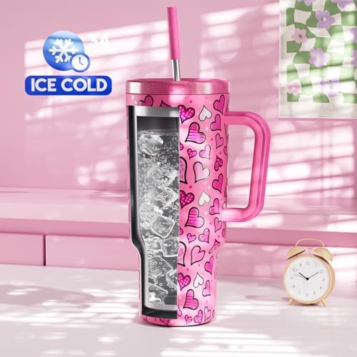 Meoky 40 oz Tumbler with Handle and Straw: Stainless Steel Insulated Tumbler with Lid and Straw - 100% Leak Proof Tumbler for Car Cup Holders - Travelers Commuters Workers, Blush Heart