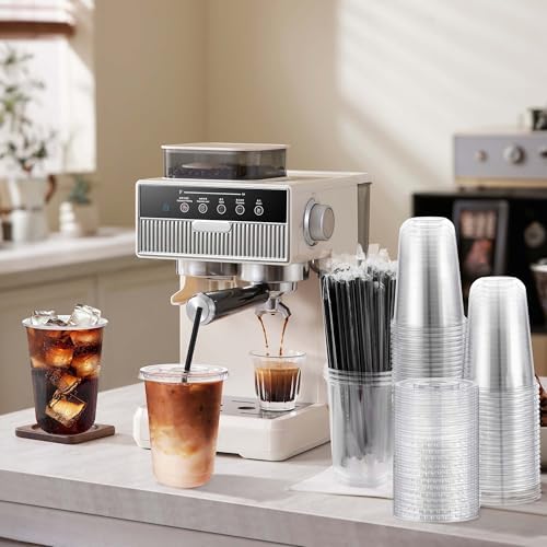 tchrules 50 Set 16oz Clear Round Bottom Plastic Cups with Lids and Straws