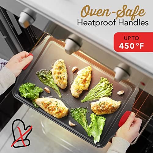 Eatex Nonstick Baking Sheet Set, 3-Piece Baking Pans Set with Silicone Handles, Carbon Steel Cookie Sheets for Baking, Commercial Grade Quality Oven Tray, Quarter/Jelly Roll/Half Sheet Pans for Baking