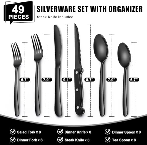 49-Piece Black Silverware Set with Organizer, Heavy Duty Stainless Steel Flatware for 8, Cutlery Utensil Sets with Steak Knives, Rust-proof, Mirror Polished, Dishwasher Safe, Black Heavy Duty