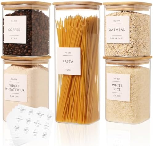 5 Pack Square Glass Pantry Storage Containers with 132 Kitchen Food Pantry Labels - Clear Glass Pantry Jars with Airtight Wood Bamboo Lids - Glass Canisters for Pasta, Cereal, Coffee, Flour, Sugar