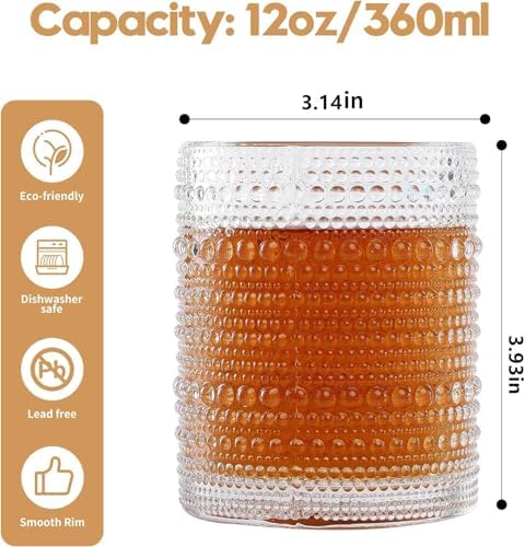 HomeVogue Hobnail Drinking Glasses Set of 6,12 oz Vintage Glassware Set Cocktail Glass Set, Embossed Clear Water Tumbler,for Beer, Whiskey,Juice and Various Mixed Drinks (12oz Clear)