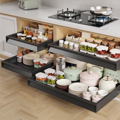 Seinloes Pull Out Cabinet Organizer, 4-Side Expandable to Fit Most Cabinets, 3 Rail Slide Out Drawers with Raising Pad for Framed & Frameless Cabinets, 15"-25" W x 17"-24" D, Black, 4 Pack