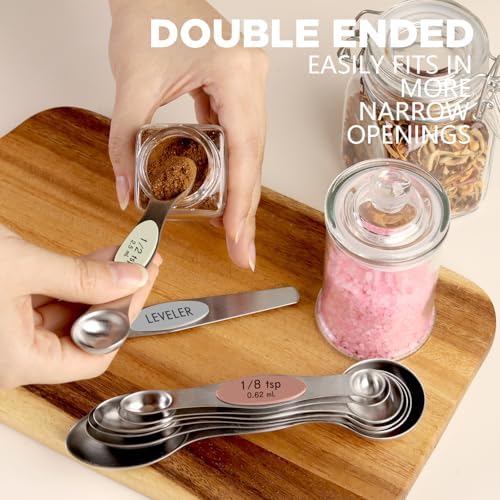 ChefAide Set of 8 Magnetic Measuring Spoons, Stainless Steel, Dual Sided