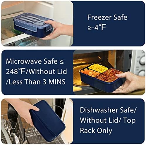 Caperci Classic Bento Box Adult Lunch Box for Older Kids - Leakpoof 47 oz 3-Compartment Containers for Adults and Teens, Built-in Utensil Set, Ideal for On-the-Go Balanced Eating, Navy Blue