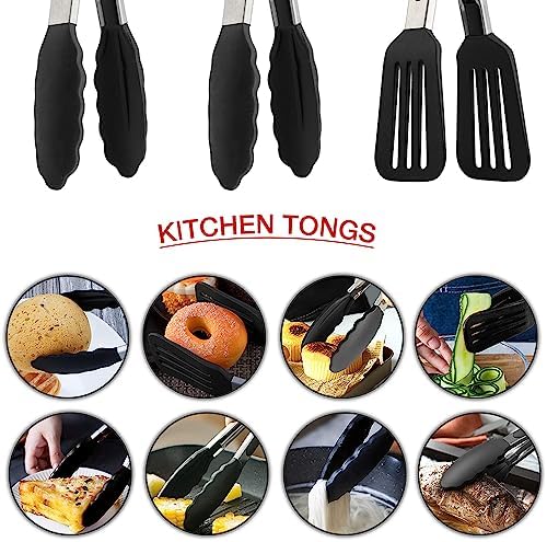 9 Inch Kitchen Tongs with Silicone Tips Set of 3(Black)
