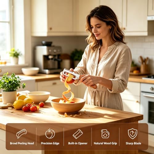 2Pcs MultiFunctional Vegetable Peeler,3 in 1 Multi Functional Wooden Handle Peeler and Bottle Opener,Peeler Knife for Fruit Pumpkin Peeling Potato Carrot Veggie Peeler