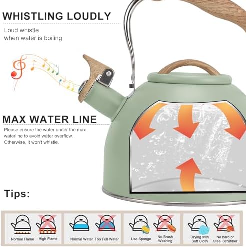 Tea Kettle, Vegoran 100 OZ / 3 Liter Whistling Tea Kettle, Tea Pots for Stove Top Food Grade Stainless Steel with Wood Pattern Folding Handle, Loud Whistle Kettle for Tea, Coffee, Milk (Green)