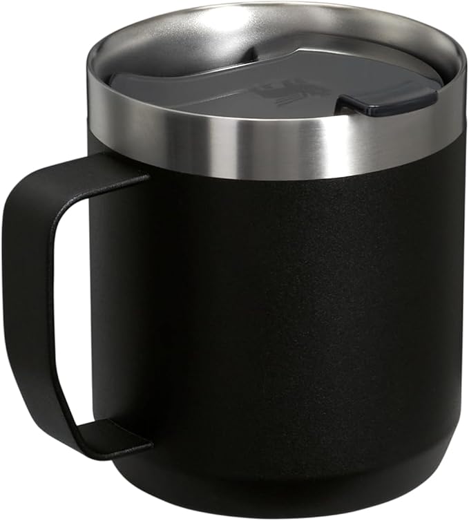 STANLEY Stay-Hot Camp Mug 12 oz | Press Fit Drink Through Lid | Cup for Coffee, Tea and Drinks | Insulated Stainless Steel Coffee Mug | BPA-Free | Black 2.0