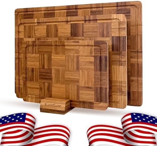 SliceElite Extra Large Bamboo Cutting Board Set 3 Piece End Grain Wooden Chopping Boards with Holder Non Slip Feet Juice Groove XL Butcher Block Style Boards for Kitchen Carving and Serving