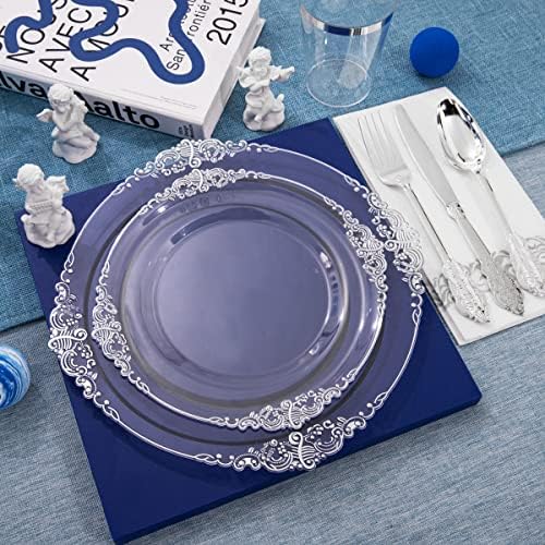 FLOWERCAT 175PCS Clear Silver Plastic Plates -Include 50 Plates, 25 Cups, 25 Forks, 25 Knives, 25 Spoons, 25Napkins for Wedding & Party&New Year