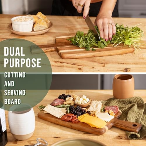 Acacia Wood Cutting Board and Chopping Board with Handle for Meat, Cheese Board, Vegetables, Bread, and Charcuterie - Decorative Wooden Serving Board for Kitchen and Dining Room, 16" x 8"