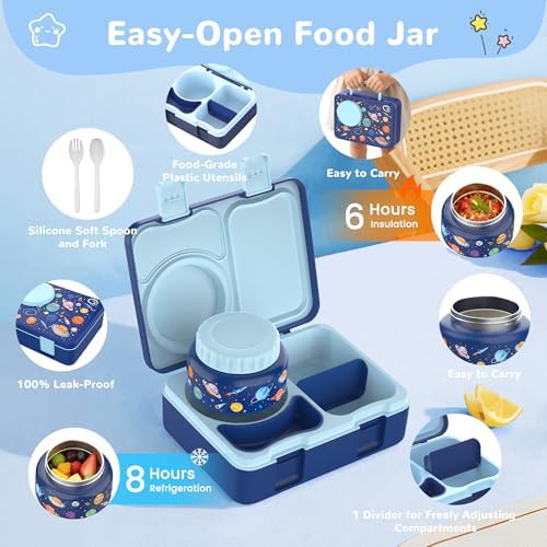 Kids Bento Box with Food Jar, Water Bottle, Lunch Bag, Planet