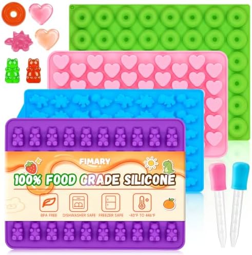 Gummy Bear Molds Silicone Mini Size, Non-stick Chocolate Candy Gummy Mold with 2 Droppers Including Dinosaur, Bear, Hearts and Donut Shape 201 Cavities
