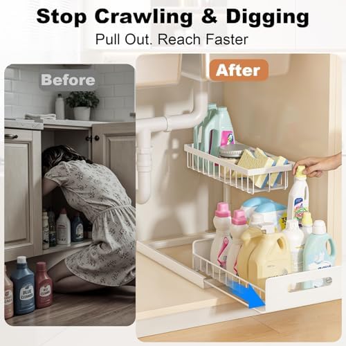 REALINN Under Sink Organizer, L-Shaped 2 Tier Pull Out Cabinet Organizer