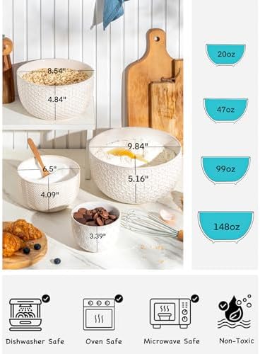 Ceramic Mixing Bowls, Embossed Nesting Bowls Set of 4, Mixing Bowl Set for Serving, Baking, Cooking and Gift, Microwave and Dishwasher Safe, 20/47/99/148 oz, Off-White