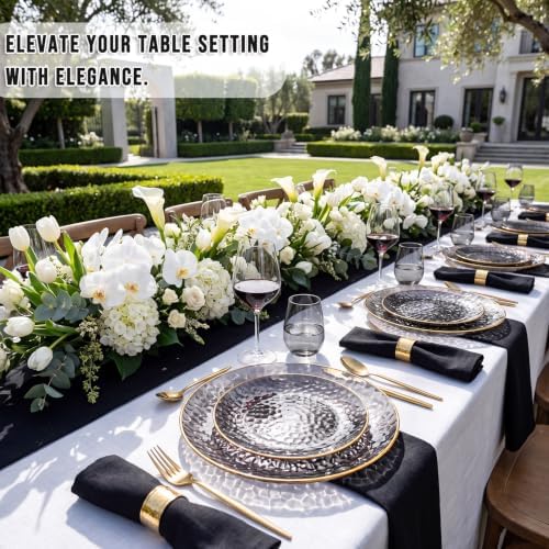 Rubtlamp 60Pcs Black Plastic Plates, Black Disposable Plates With Gold Rim, Clear Heavy-duty Party Plates, Hammered Plastic plates Include 30 Dessert Platos, 30 Dinner Platos for Party