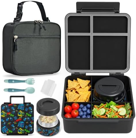 Bento Box for Kids with Thermo Food Container (9oz), 4-Compartment Lunch Box, Adjustable Divider, Leakproof Bento Lunch Box, Includes Utensils & Carry Bag for School, Office(Black-Game)