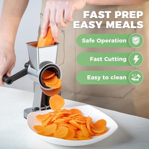 LHS Stainless Steel Rotary Cheese Grater with 3 Interchangeable Drum Blades