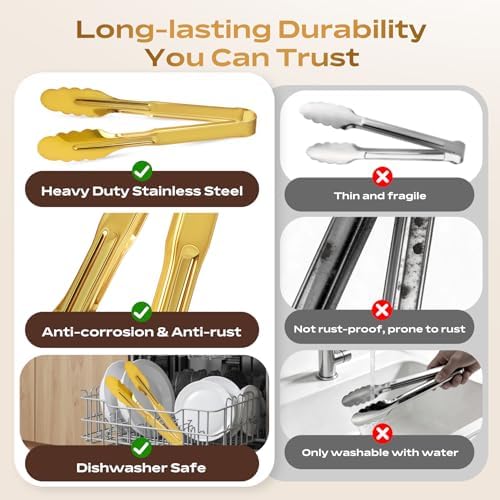 4 Pack Stainless Steel Serving Tongs, 9 Inch Gold Salad Tongs Serving Utensils Buffet Tongs Gold Plated Heavy Duty Reusable Metal Kitchen Clips for Salad, Snack, Barbecue, Catering, Wedding, Party