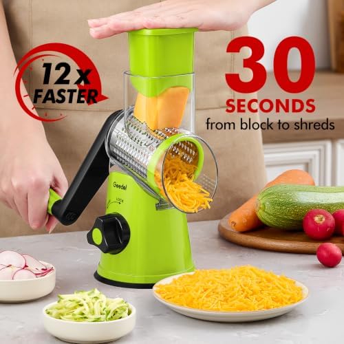 Geedel Rotary Cheese Grater, Kitchen Mandoline Vegetable Slicer with 3 Interchangeable Blades, Easy to Clean Rotary Grater Slicer for Fruit, Vegetables, Nuts