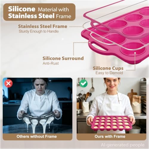 Silicone Mini Muffin Tin Set: 12 & 24 Small Cupcake Baking Tin with Frame
