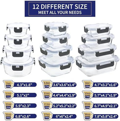 MFY 12-Pack Glass Storage Containers with Lids, Glass Meal Prep Containers Set, Airtight Lunch Containers with Lids, Microwave, Oven, Freezer and Dishwasher Safe, Gray