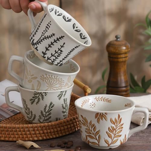 Small Ceramic Mug 1pc, 11oz - Vintage Coffee Mug, Handmade Pottery Cup for Milk, Latte, Cappuccino, Tea - Porcelain Dishwasher, Microwave Safe Stoneware Green Leaf