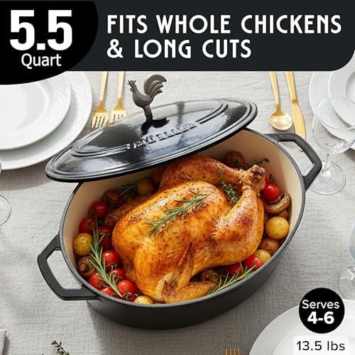 MUELLER HOME 5.5 Quart Enameled Cast Iron Oval Dutch Oven with Rooster Knob & Cotton Potholders, Heavy-Duty Cookware, Oven-Safe up to 500° F & Across All Cooktops, Gifts for Grandma & Women, Black