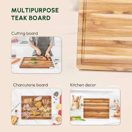 BEEFURNI Teak Wood Cutting Board with Juice Groove (18x14x1", S)