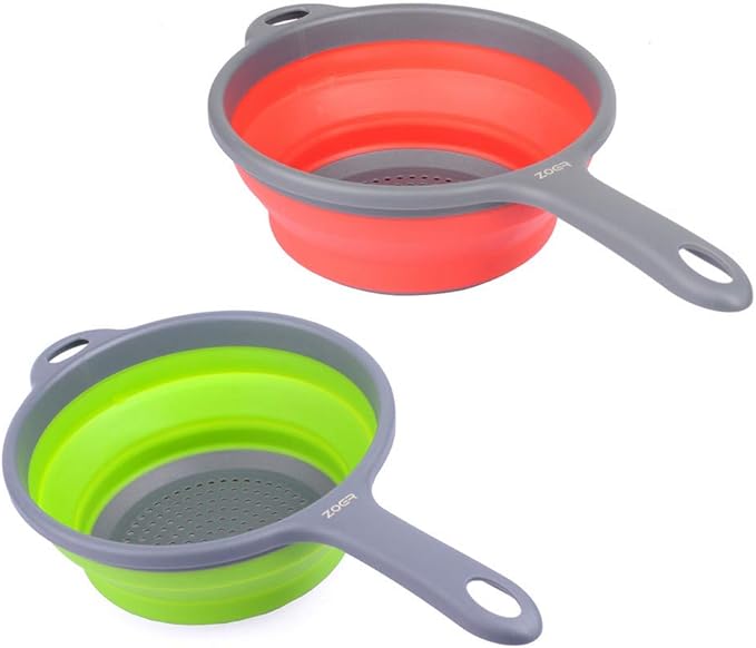 ZOER Kitchen Foldable Pasta Strainers,Collapsible Colanders with Handles,Space-Saver Folding Silicone Strainers Colander,Capacity of 2 quart (Green and Red)