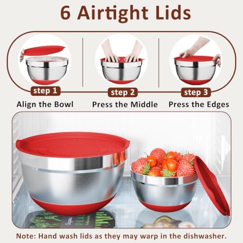 9 Pack Mixing Bowls with Airtight Lids & Grater Attachments, Red
