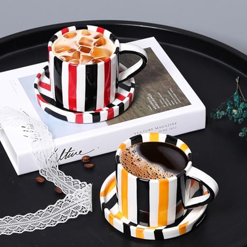 Espresso Cups Ceramic Coffee Mug Series European Striped Dot Coffee Cup And Saucer Mug Cake Plate Afternoon Tea Set Tea Cup And Saucer,Redblack