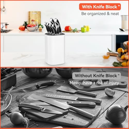 Fohil Knife Block without Knives, Universal Knife Block, Detachable Knife Holder, Space Saver Knife Storage Holder with Scissors Slot, Sharpening Bar Slot, Kitchen Knife Holder White