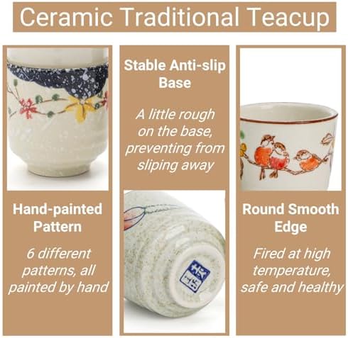 6 Pieces Japanese Tea Cups, 6 Oz Ceramic Coffee Cup with Good Heat Retention, No Handle Teacup Matcha Mug for Latte, Juice, Gift, Dishwasher Safe (Pack of 4)