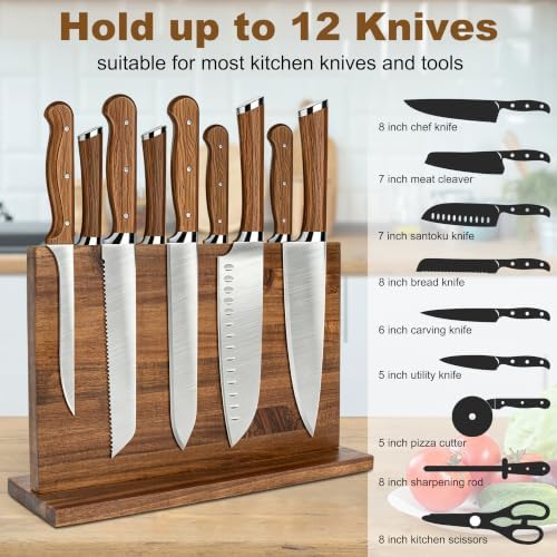 RedCall Magnetic Knife Holder, 16" Double Sided Acacia Wood Knife Block for Kitchen Counter,Strong Magnet Knife Strip for Chef Knife, Large Knife Storage with Non-Slip Base - Fits Up to 12 Knives
