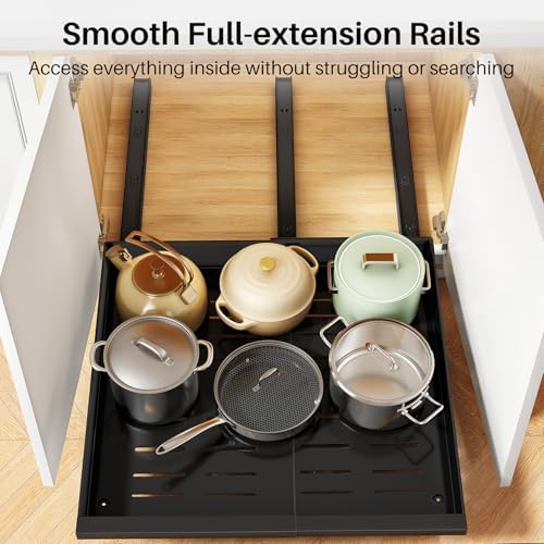 Pull out Cabinet Organizer, 4-Pack Expandable(13.6"-24") Silde out Drawers with Raising Pad for Framed Cabinets, Adjustable Full-Extension Roll out Shelves for Kitchen Pantry Home Pot and Pan(Black)