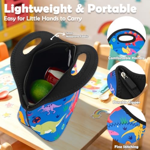 FlowFly Neoprene Kids Lunch box Insulated Soft Bag Mini Cooler Thermal Meal Tote Kit for Boys, Girls,Men,Women,School,Work, Office, Dinosaur