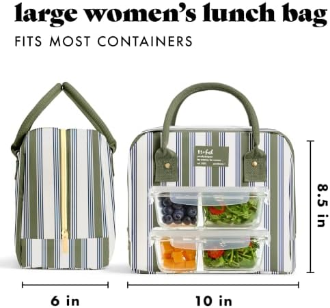 Fit & Fresh Bloomington Lunch Bag for Women - Insulated Large Lunch Box for Work with Containers, Leak-Resistant, Stain-Resistant, Zipper Closure, Ticking Stripe Olive