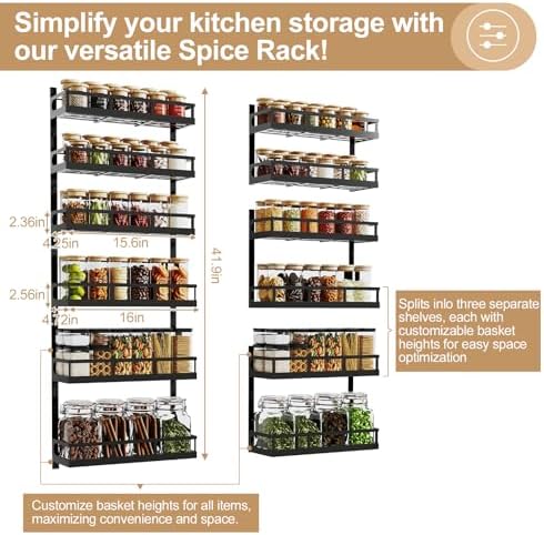 X-cosrack 6-Tier Wall-Mounted Spice Rack Organizer with Mixed Basket Sizes, Height-Adjustable Hanging Spice Shelf for Kitchen Pantry Cabinet, Large-Capacity Seasoning Holder, Black