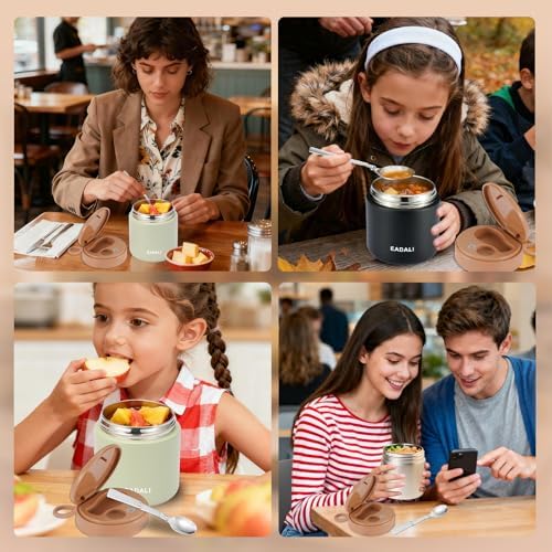 Eadali 15.2oz Kids Food Jar for Hot Food – Vacuum Insulated Lunch Container with 316 Stainless Steel Interior, Leakproof Wide Mouth & Foldable Spoon for School Meals