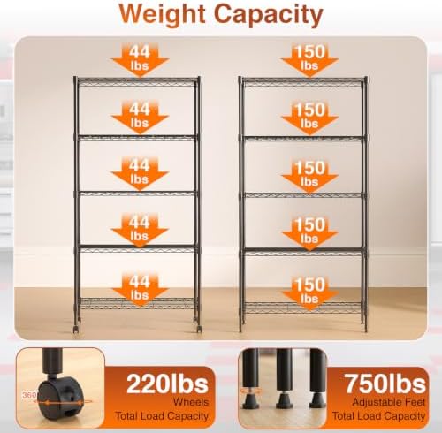 BestOffice | 5-Tier Wire Shelf with Wheels | 14" x 30" x 60" | Black