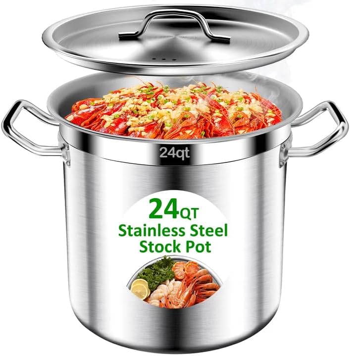 Stainless Steel Stock Pot - 24QT Heavy Duty Induction Cooking Pot with Lid, Nonstick Thick Bottom Big Stockpot, Deep Cookware for Canning, Boiling Beer Brewing, Soup, Seafood Boil Soup Pots
