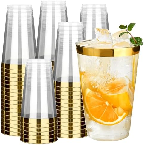 RACETOP 14 oz 200 Pack Disposable Plastic Cups with Gold Rim