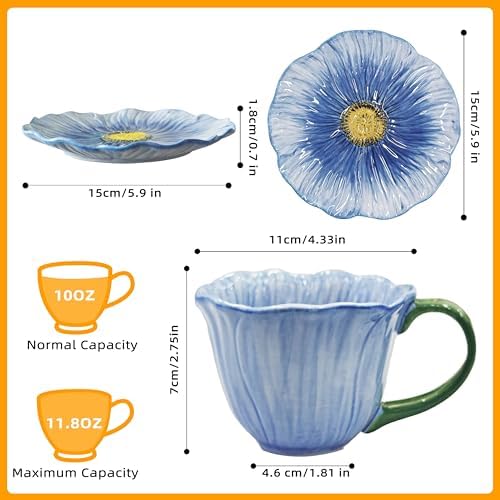 10 oz Tea Cups and Saucers, Ceramic Flower-shaped Cappuccino Cup, Latte Cup and Saucer set, elegant floral Espresso Cup set, Suitable for microwave and dishwasher-Blue