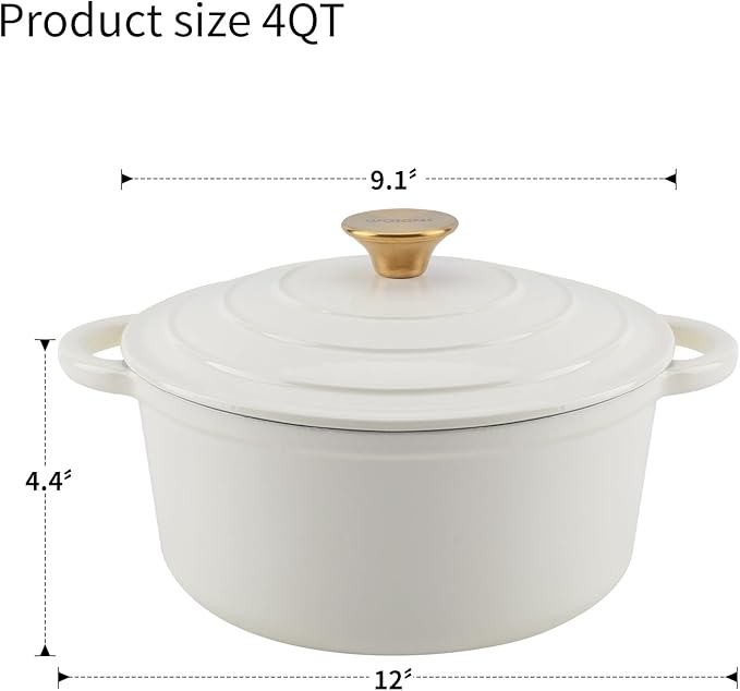 4QT Enameled Cast Iron Dutch Oven Pot with Lid,Heavy-Duty Cookware for Sourdough Bread Baking,Braising,Stews,Roasting,Oven Safe up to 500°F,cream
