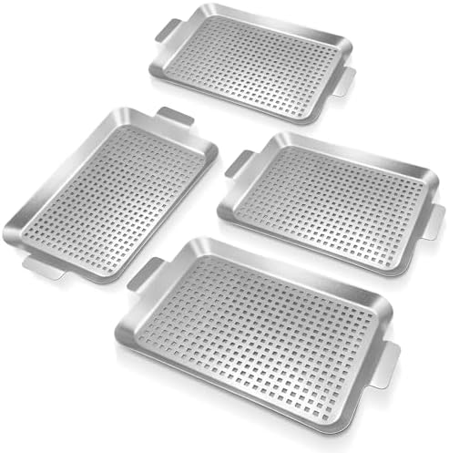 Grill Pan Set of 4, Grill Topper for Outdoor Grill, Stainless Steel Roasting Basket with Handles, Perforated Grill Tray for Smoker Roasting, Oven, BBQ Accessories (4 Small)