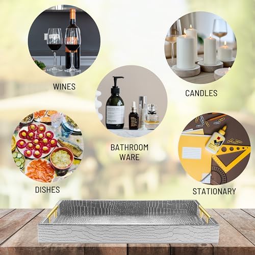 ATZYmolin 17"x12" Leather Serving Tray, Gold Handle Vanity Platter, Silvery