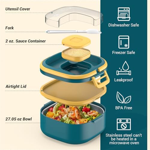 PEDECO Single-Layer Bento Lunch Box for Kids & Adults with Removable Stainless Steel Lunch Container,Dressing Container,BPA-Free,Dishwasher Safe - Includes Utensil(Blue,Non-Insulated)